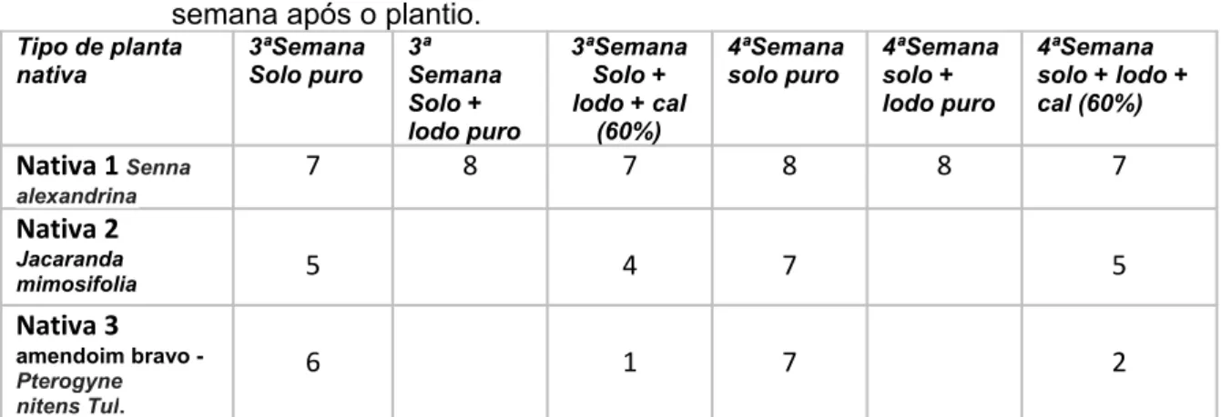 TABELA 5  Quantidade de plantas nativas que germinaram nos diferentes tipos de solo  (solo puro, solo com lodo puro e solo com lodo e cal 60%) na terceira e quarta  semana após o plantio.