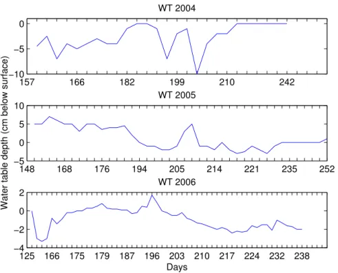 Fig. 5. Measured water table depth at Stordalen Mire for 2004–2006.