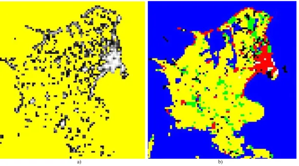 Fig. 1. Example of the land-use classification of the CORINE dataset for the Island of Sealand, Denmark: (a) presented type of the bat surface, PTS in the model domain (black-white scale is from the lowest to the highest values); (b) dominated type of surf