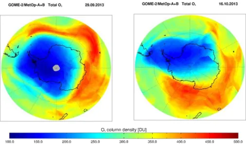 Fig. 6. Total ozone maps for 29 September and 16 October 2013 based on data from GOME-2A and GOME-2B.