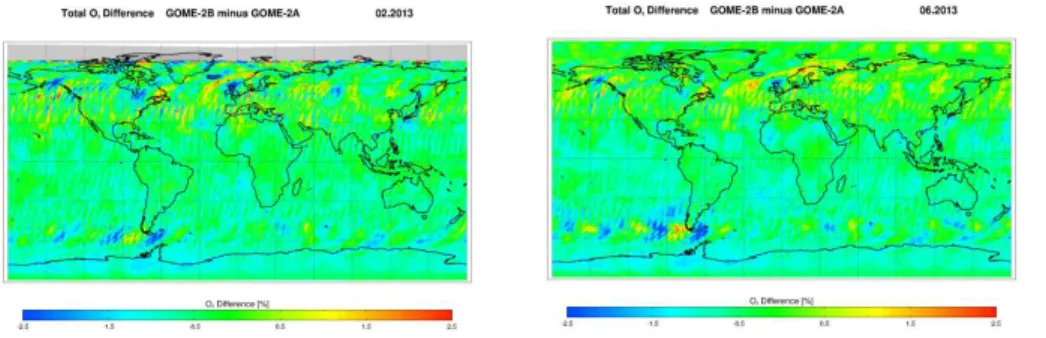 Fig. 9. Monthly average di ff erences between total ozone columns from GOME-2A and GOME- GOME-2B for February (left) and June 2013 (right).