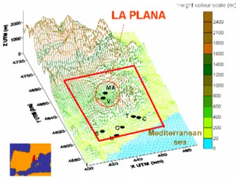 Figure 4. Area where both models were applied, including La Plana area and air quality ground based stations.