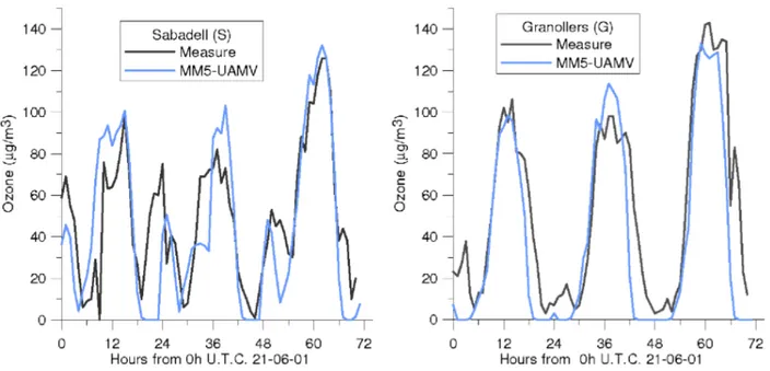 Figure 6. Hourly ozone measurement (black) and UAMV prediction (blue) for days 21, 22 and 23 of June 2001
