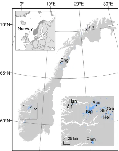 Figure 1. Location map of Norway showing the ten study glaciers with long-term glaciological mass balance series