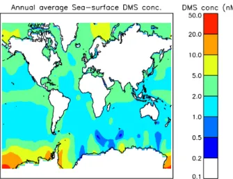 Fig. 1. Annual mean sea-surface DMS concentrations from the Ket- Ket-tle and Andreae (2000) observational climatology.