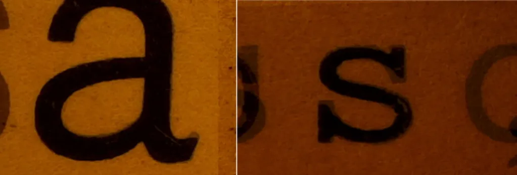 Figura 5  Sobreposição da Grotesca Normal Clara (em transparência) e fonte de  número 593, à esquerda; e Escritura a Máquina 510 (transparência) e fonte de  número 637, à direita (usado com a permissão de Isabella R