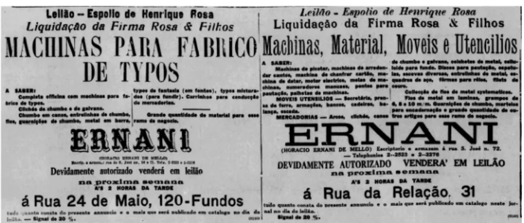Figura 4  Anúncios dos leilões do espólio de Henrique Rosa publicadas no dia  25.10.1931 do Jornal do Commercio (usado com a permissão de Arquivo JCom/