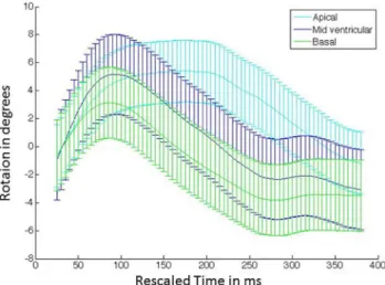 Fig 4. Temporal average rotation curves. The curves are depicted for representative short axis slices located at the LV base, mid and apex for the imaged NHP cohort (n = 8)