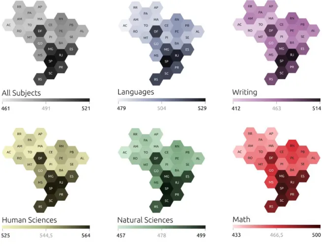 Figure 21  Resulting thematic maps of Brazil with monochrome scales representing average grade of ENEM  by state.