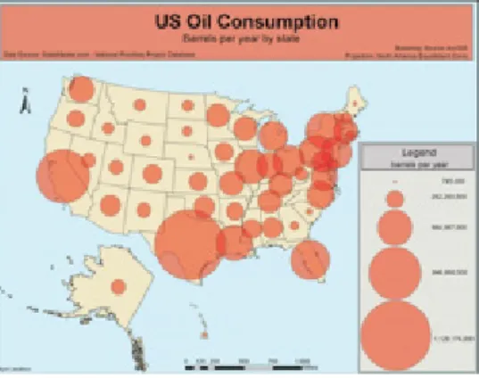 Figure 2  Example of a proportional symbol map. US Oil Consumption. Retrieved from Leistiar / Ty