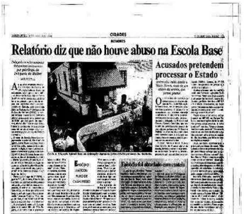 Figura 1 - Após análises e exames, jornal informa que segundo um relatório,  não houve abuso sexual no caso da Escola Base (1994) 