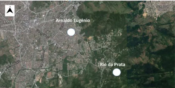 Figura 4: Fotografia a´erea da ´area investigada em Campo Grande onde foram feitas as medic¸˜oes, com a localizac¸˜ao de Arnaldo Eugˆenio e Rio da Prata