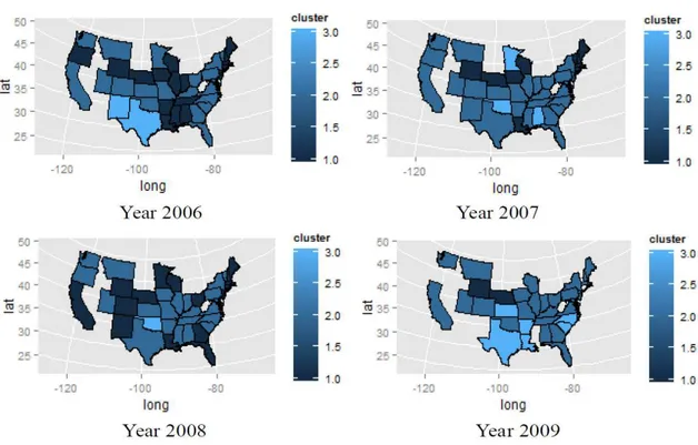Figure 9. Clustering maps for private schools using quantiles in every single year 