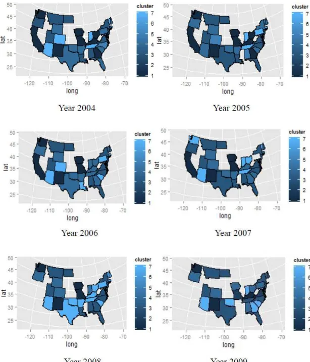 Figure 10. Clustering maps for public schools with in-state tuition using all tuition growth rates  4.1.4 Using Raw Tuition Fees 