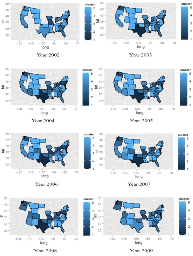 Figure 11. Clustering maps for public schools with in-state tuition using raw tuition fee 