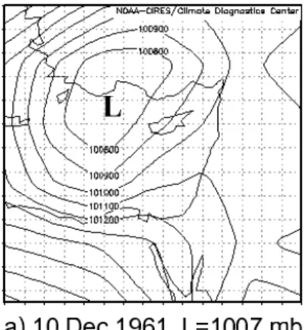 Fig. 3. Example of an Eastern Mediterranean winter spell. Daily sea level pressure successive maps for 10–14 December 1961 at 12:00 UTC: