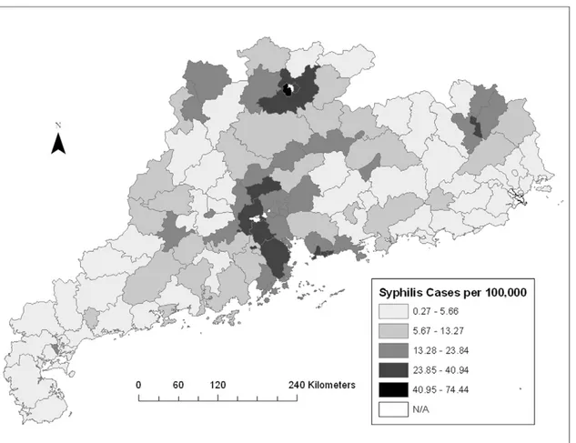 Figure 1. Spatial distribution of syphilis cases per 100,000 adults in Guangdong Province