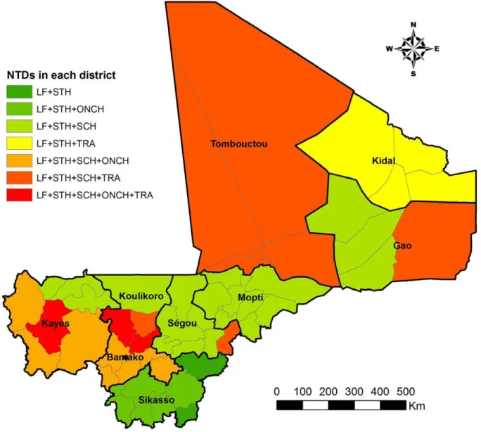Figure 2. Endemic situation shown as number of major target NTDs in each district in Mali