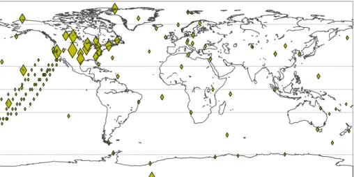 Fig. 1. Locations of the point samples assimilated in our inversions. The marker size represents the amount of observational data from each location assimilated in our inversions