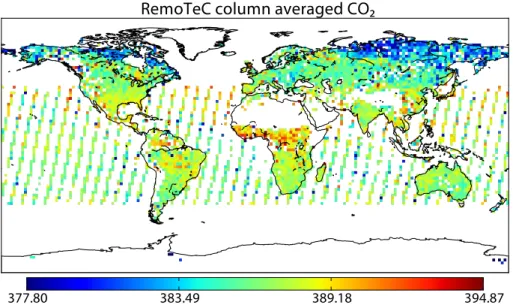 Fig. 2. GOSAT X CO 2 between 1 June 2009 and 1 January 2011, shown here averaged over a 2 ◦ × 2 ◦ grid