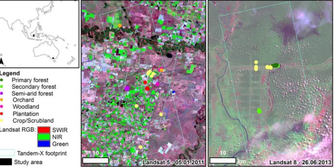 Fig 1. Overview of the study areas, the location of the ground sites and their vegetation type