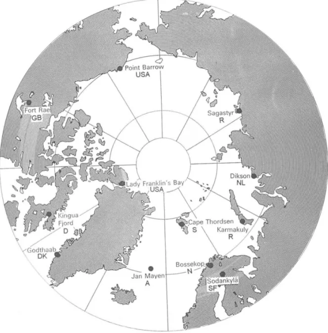 Figure 2. Distribution of the meteorological stations around the Arctic Circle during the First International Polar Year (Luedecke, 2004).
