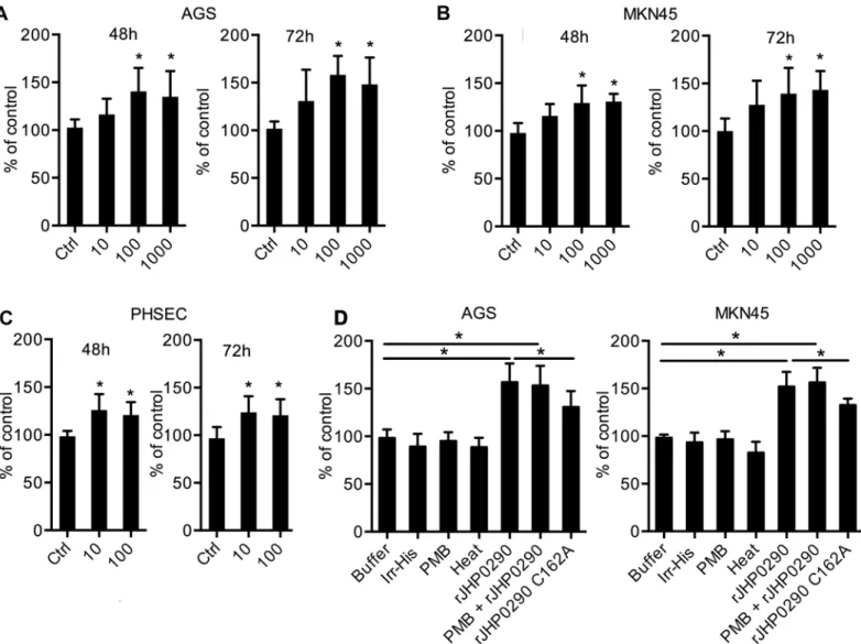 Fig 3. Effect of rJHP0290 on gastric epithelial cell proliferation. AGS (A), MKN45 (B) and PHSEC (C) cells were incubated either with protein storage buffer (Ctrl) or different concentrations of rJHP0290 as indicated in the figure legends for 48 h and 72 h