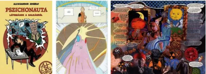 Fig. 6: Primeira imagem: capa do livro Pszichonauta (2006), do visionário Zograf. Segunda imagem: página de Incal  (1981-1988), escrita por Jodorowsky e ilustrada por Moebius