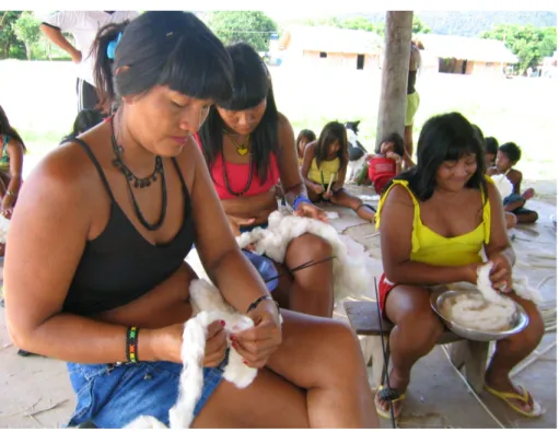 Foto 1 - Alunas do Projeto Aranowa’yao aprendendo técnicas do preparo do fio de algodão