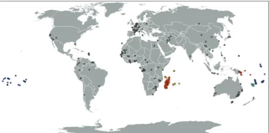 Figure 1. World map representing all the locations mentioned in the dataset. Areas of particular inter- inter-est are represented with the same colour ( Madagascar,  Winter-estern Indian Ocean,  Papuasia,  New  Caledonia,  South Paciic)