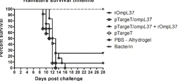 Fig 5. Survival of hamsters immunized with rOmpL37 vaccines after lethal challenge. Survival curves were compared using log-rank analysis