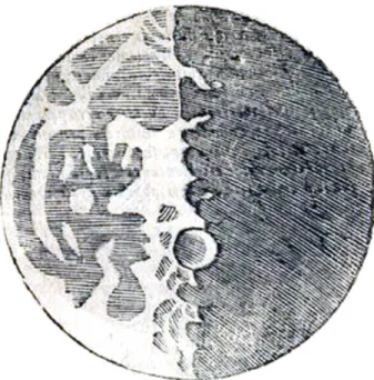 Figura 3: Irregularidades na superf´ıcie da Lua, conforme representadas no livro Sidereus nuncius (1610), de Galileu Galilei [12]