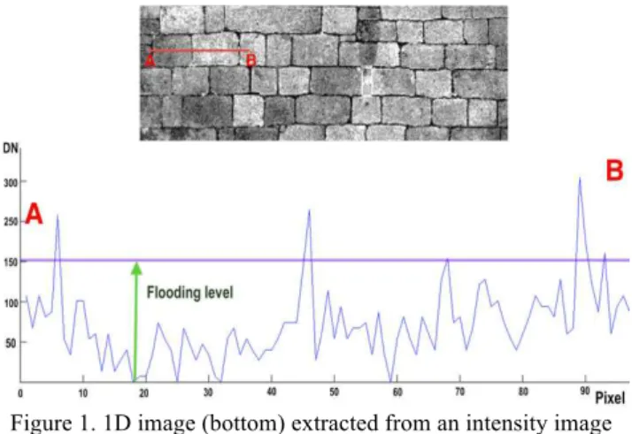 Figure 1. 1D image (bottom) extracted from an intensity image  of a masonry wall (top), where vertical axis represents the DN  of the pixels and horizontal axis the pixels contained in the 