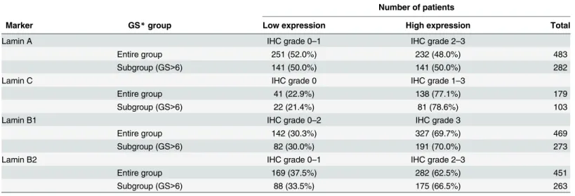 Table 2. The distribution of expression for each lamin in the patient cohort.