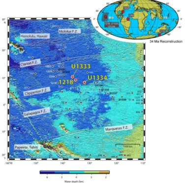 Figure 1. Location map of sites used in this study on 34 Ma pale- pale-ogeographic reconstruction in Mollweide projection (ODSN, 2011;