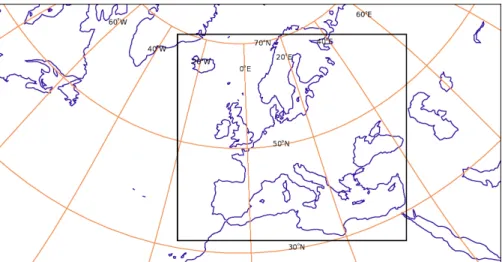 Fig. 1. Domain of model used to generate the footprints (inner rectangle). The domain has a rotated pole with a longitude of 177.5 ◦ and latitude 37.5 ◦ , and in the rotated coordinate frame it extends from −9.36 ◦ to 29.58 ◦ in longitude, and −17.65 ◦ to 