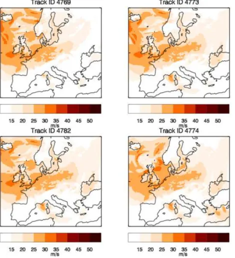 Fig. 2. Footprints of storms 4769, 4773, 4782 and 4774 made by taking the maximum gusts over the whole domain (contaminated).