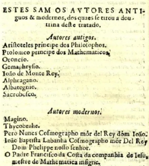 Figura 4. Autores de quem Simão de Oliveira tirou a doutrina de sua Arte de Navegar (1606)