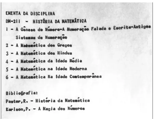 Figura 1. Ementa da disciplina História da Matemática da UEM – Ano 1973. 
