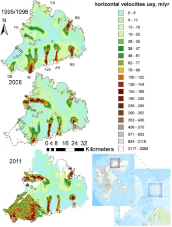 Fig. 1. Surface Velocities from remote sensing data in December/January 1995/96, Decem- Decem-ber 2008 and DecemDecem-ber 2011 (original data)