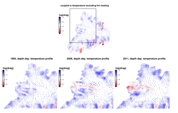 Fig. 2. Distribution of the basal drag coe ffi cient in 1995 when coupling to temperature (upper line)
