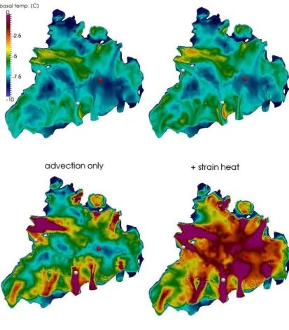 Fig. 5. Basal temperature field ( ◦ C): (up left) advection only, (up right) adding of strain heating, (low left) adding of friction heating, (low right) adding of firn heating