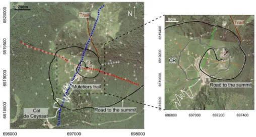 Fig. 2. Location of the ERT lines and gravimetric stations on the Puy de D ˆome volcano