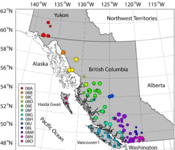 Figure 2. Map of the Canadian west coast showing the 127 Water Survey of Canada (WSC) streamflow gauging stations used in this study