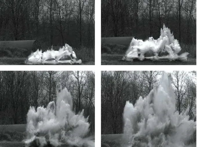 Fig. 28 to 31 Time sequence of the explosion of three water bags placed side by side