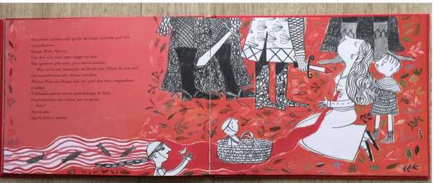 Figura 7  –livro Inês, Roger Mello e Mariana Massarani, Companhia das Letras,  2015, livro aberto e a sensação de que tudo se torna vermelho a partir do sangue de 