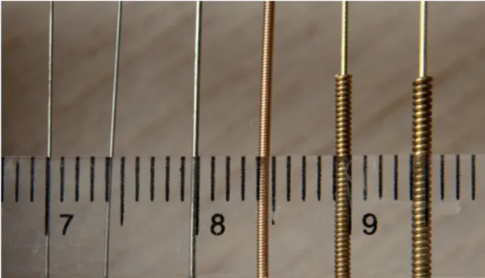 Figura 2 - As seis cordas de um encordoamento convencional de viol˜ ao ac´ ustico; os fios (de bronze) enrolados em volta das cordas de maior calibre destinam-se ao aumento de µ.