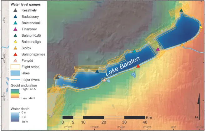 Figure 1. Map of the study area, including quasi-geoid heights, bathymetry of Lake Balaton and flight pattern