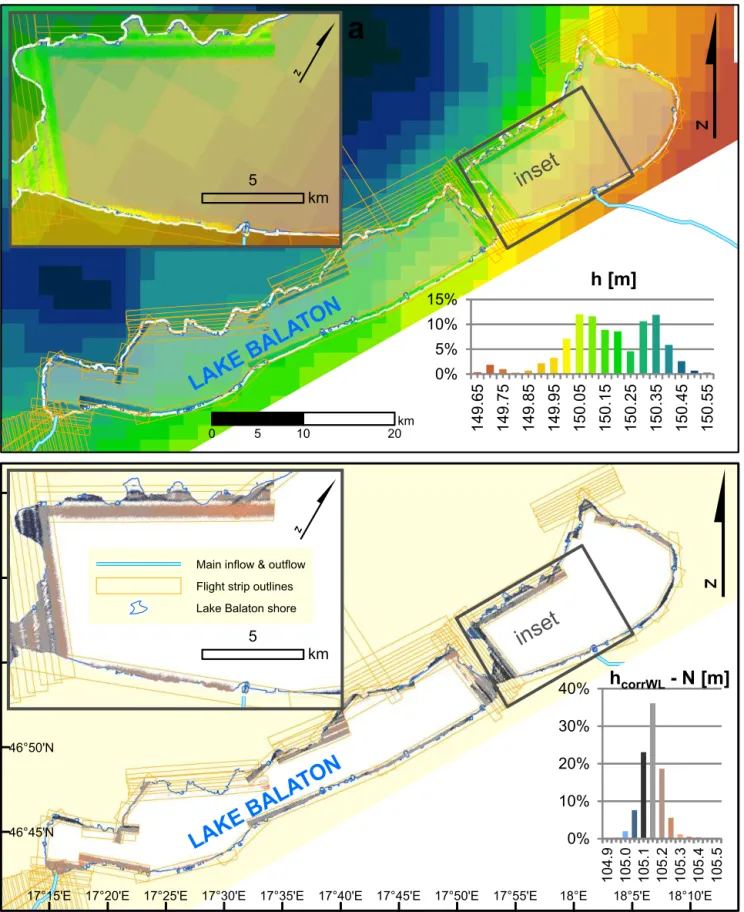 Figure 2. (a) Map of lidar-measured ellipsoidal water surface heights (inside flight strip outlines) and modeled gravity potential isosurface height (background raster) with the same elevation color scheme