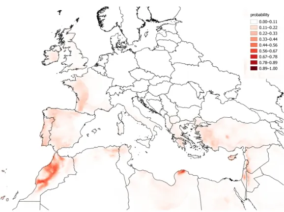 Figure 3 A distribution model created from the naturalised range of Chenopodium vulvaria outside Europe and extrapolated back to Europe